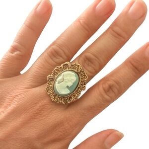 Vintage Gold Statement Cameo Ring in Blue and White, Size 6.5 &  Adjustable